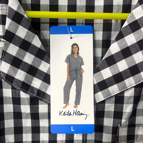 NWT Black & White Gingham Pajama Set with Pink LOVE Embroidery women’s L 28” - Picture 2 of 7